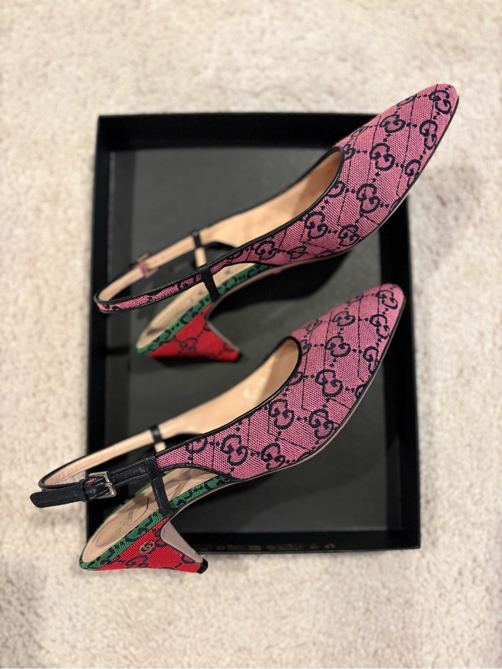 Gucci Pink Gg Canvas Slingback Pumps With Green-Red Heel Accents